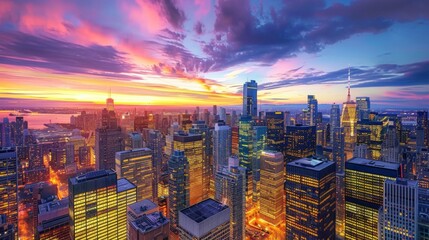 Aufkleber - A stunning aerial view of a city skyline at twilight, with skyscrapers reflecting the golden hues of sunset and city lights beginning to twinkle.