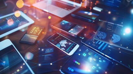 Aufkleber - Office tools Digital technology Innovative implementation in business Internet applications Wireless function Tablet phone and camera Developing applications on the Internet Flat lay p : Generative AI