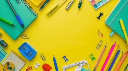 Poster - School stationery on a yellow background Top view with copy space Flat lay Back to school concept : Generative AI