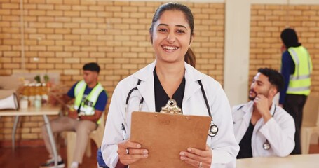 Poster - Doctor, clipboard and face of woman with smile for healthcare checklist, schedule and NGO in hall. Medical professional, charity and happy with paperwork for information, agenda and humanitarian aid