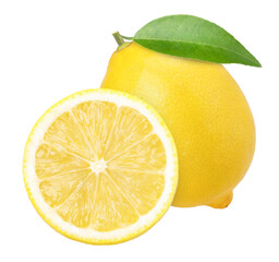 Wall Mural - lemon fruit with leaves and half isolated, Fresh and Juicy Lemon, transparent PNG, cut out