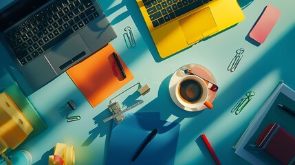 Aufkleber - Office desk Workspace with laptop coffee cup colorful clips and accessories Flat lay top view : Generative AI