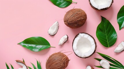 Wall Mural - Creative layout made of coconuts and leaves Flat lay Food concept Coconut on pink background : Generative AI