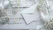 © Generative AI - Feminine wedding stationery desktop mockup scene Blank greeting card craft envelope babys breath flowers silk ribbon and lentisk branches Old white wooden table background Flat lay top : Generative AI