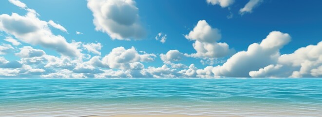 Wall Mural - Sandy beach with clear blue sky and clouds reflected in the calm sea.