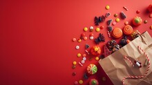 Paper Bag Of Tasty Candies And Halloween Decorations On Red Background Flat Lay : Generative AI