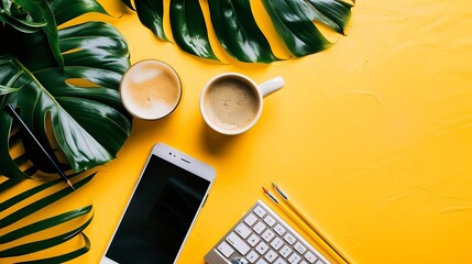 Aufkleber - Creative flat lay photo of workspace desk with smartphone keyboard coffee pencil leaves with copy space background : Generative AI