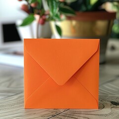 Wall Mural - An orange square envelope sits on a wooden table. There is a plant in the background.