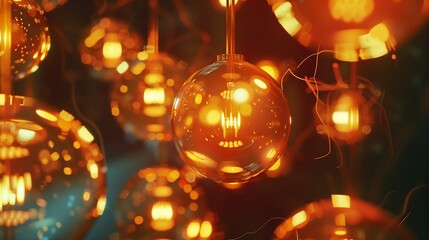 Poster - Classic sphere lighting bulbs are glowing in orange warming shade there are hanging from ceiling in dark environment Interior cozy style decoration Closeup and selective focus : Generative AI