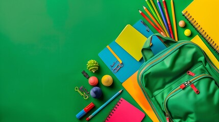Poster - School backpack with colorful stationery on green table Back to school concept Flat lay top view Back to school concept : Generative AI