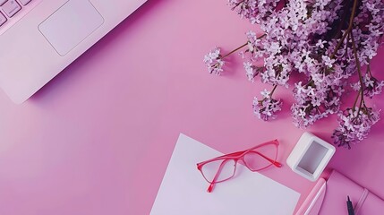 Top view office desk Workspace with computer paper blank bouquet lilac Womens fashion accessories isolated on pink background Flat composition for magazines websites media Flat lay top : Generative AI