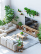 Сontemporary interior with greenery and sustainable wooden furniture. 3D render for home improvement, eco-friendly living, and interior design concept.