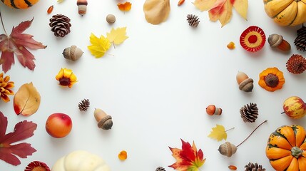 Autumn holidays and sale background Thanksgiving Day greetings card Multicolored pumpkins autumn leaves and flowers acorn cones decor on a white background top view copy space : Generative AI