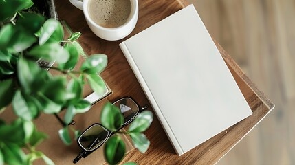 top down view flat lay with white soft cover book mockup coffee mug glasses and blurred plant in the