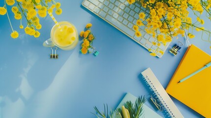 Poster - On a blue flat lay background with a yellow mimosa flower keyboard notepad and stationery clips a female floral desktop The concept of a stylish spring morning top view and copy space : Generative AI
