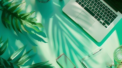 Aufkleber - Home office workspace with laptop palm leaf notebook and accessories Flat lay top view : Generative AI