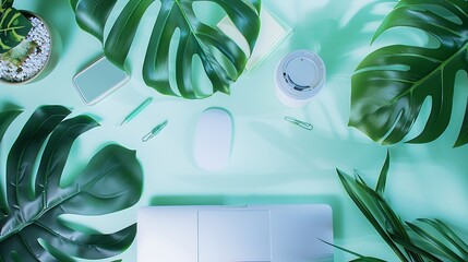 Aufkleber - Home office workspace frame with laptop palm leaf and accessories Flat lay top view : Generative AI