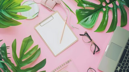 Aufkleber - Office table desk with computer  green leaves palm clipboard Magazines social media Top view Flat lay Home office workspace Womens fashion accessories isolated on pink background : Generative AI