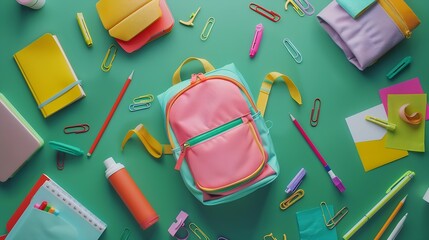 Poster - School backpack with colorful stationery on green table Back to school concept Flat lay top view Back to school concept : Generative AI