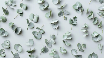 Canvas Print - Eucalyptus leaves on pastel gray background Pattern made of eucalyptus branches Flat lay top view copy space : Generative AI