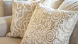 close up decorative pillow cushion arrange with pattern on soft beige sofa couch in living room home interior design concepthome sweet home ideas : Generative AI