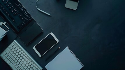 Poster - Workplace in office with black desk Top view from above of keyboard with notebook and phone Space for modern creative work of designer Flat lay with blank copy space Business and finan : Generative AI