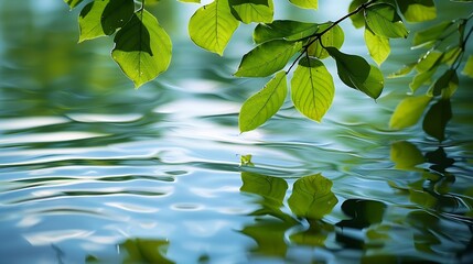 Poster - Green leaves on water surface Beautiful water ripple background for product presentation Copy space : Generative AI