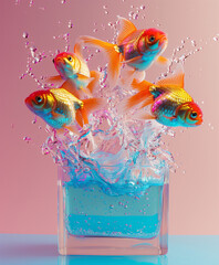 Vibrant leap for goldfish escapes.Colorful goldfish jumping out of the water with dynamic splash on pink background. 