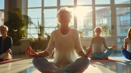 Older women practice yoga, meditate in yoga classes and lead an active and healthy lifestyle. Retirement hobbies and leisure activities for the elderly. Bokeh in the background.