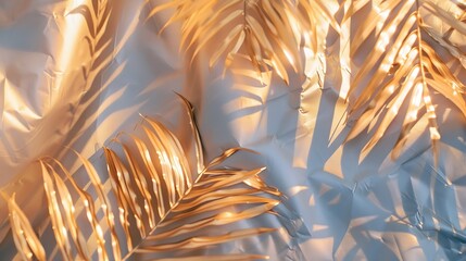 Aufkleber - Top view of golden tropical leaf on holographic foil background Flat lay Minimal summer vacation concept with palm tree leaf Creative copy space : Generative AI