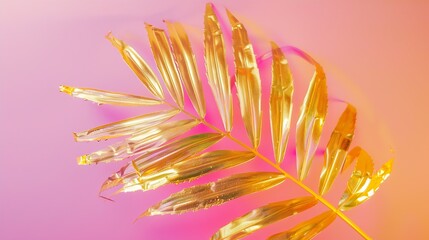 Aufkleber - Top view of golden tropical leaf on holographic foil background Flat lay Minimal summer vacation concept with palm tree leaf Creative copy space : Generative AI
