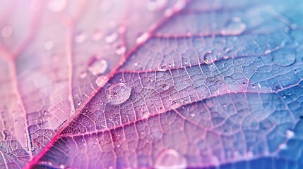 Poster - Transparent skeleton leaf with beautiful texture on a blue and pink background glass with shiny water drops closeup macro Bright expressive artistic image nature free space : Generative AI