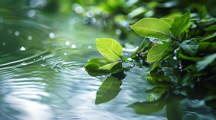 Poster - Green leaves on water surface Beautiful water ripple background for product presentation Copy space : Generative AI