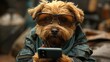 Fawn Toy dog with sunglasses and jacket, holding a cell phone