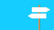 Wooden post with two white signs pointing in different directions on blue background. One sign points to the right, while the other points to the left.
