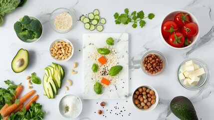 Creative flat lay with healthy vegetarian meal ingredients and white marble cutting board Raw food concept with copy space A variety of organic fruits nuts vegetables with avocado Vega : Generative AI