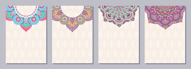 Wall Mural - Set of four color cards or flyers with ethnic mandala ornament. Abstract mandala flyer design.