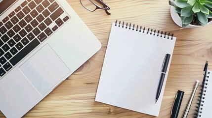 Aufkleber - Blank notebook with pen are on top of wood office desk table with laptop computer and supplies Top view with copy space flat lay : Generative AI