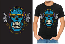Print Black T Shirt Design, Blue And Yellow Skull Illustration, T-shirt Illustration, Skull Print, Prints, Sticker, Fictional Character Png.eps