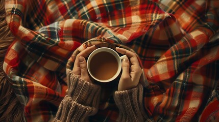 Wall Mural - Womens hands hold a cup of coffee  wrapped in scarf  on a warm plaid Autumn or Winter concept  flat lay top view : Generative AI