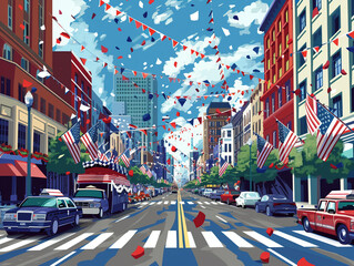 3D vector of a festive 4th of July parade with floats and marching bands, red, white, and blue decorations, downtown street background,