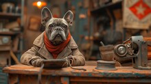 Fawn French Bulldog With Short Snout Sitting At Table Talking On Phone