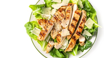 Wall Mural - Caesar salad with grilled chicken meat romaine and Parmesan shot from the top on a white background : Generative AI