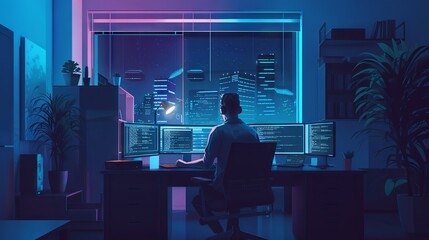 Wall Mural - Dedicated software developer at workstation engaged in script writing and cybersecurity tasks in modern office environment