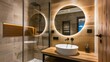 © Generative AI - Modern bathroom with wooden style tiles in shower cabin next to big round mirror with led light above washbasin : Generative AI