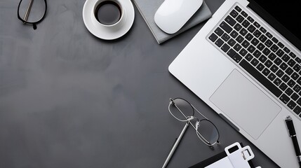 Aufkleber - Overhead shot of laptop and business accessories on gray background Office desktop  Flat lay : Generative AI