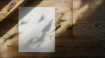 Poster - Minimal wooden desk workplace with blank paper Flat lay textured natural wooden background Vintage copy space for creative design and advertising Close up A4 format paper on wooden sur : Generative AI