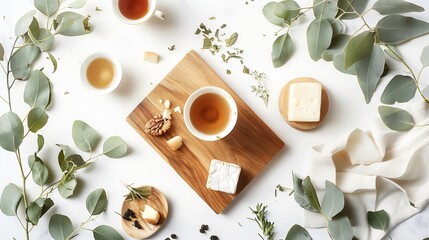 breakfast with cheese leaves eucalyptus cutting board and black tea composition with on white backgr