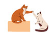 Cute cats giving high five. Friendly feline animals greeting with paw gesture. Trained smart kitty pets, friendship and communication concept. Flat vector illustration isolated on white background