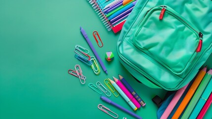 Poster - School backpack with colorful stationery on green table Back to school concept Flat lay top view Back to school concept : Generative AI